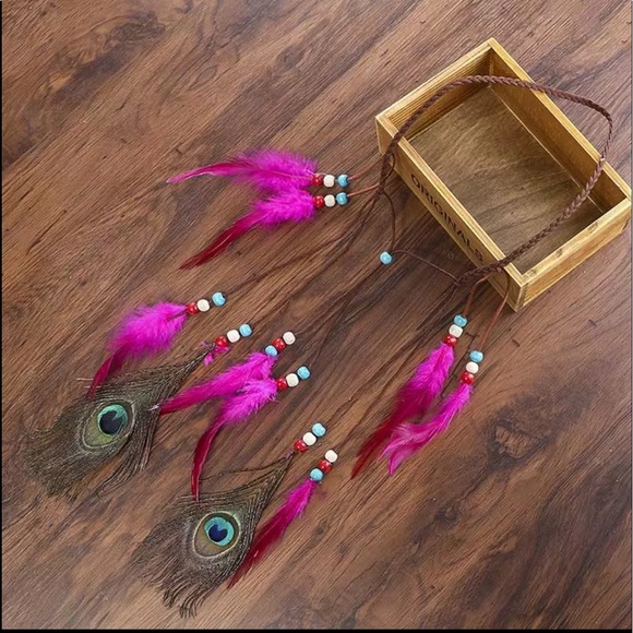 NEW Boho Gypsy Fuscia Pink Feathers Suede Headband - Picture 2 of 3
